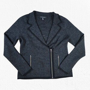 Tahari Gray Herringbone Asymmetrical Zip Wool Blend Moto Jacket Size Large